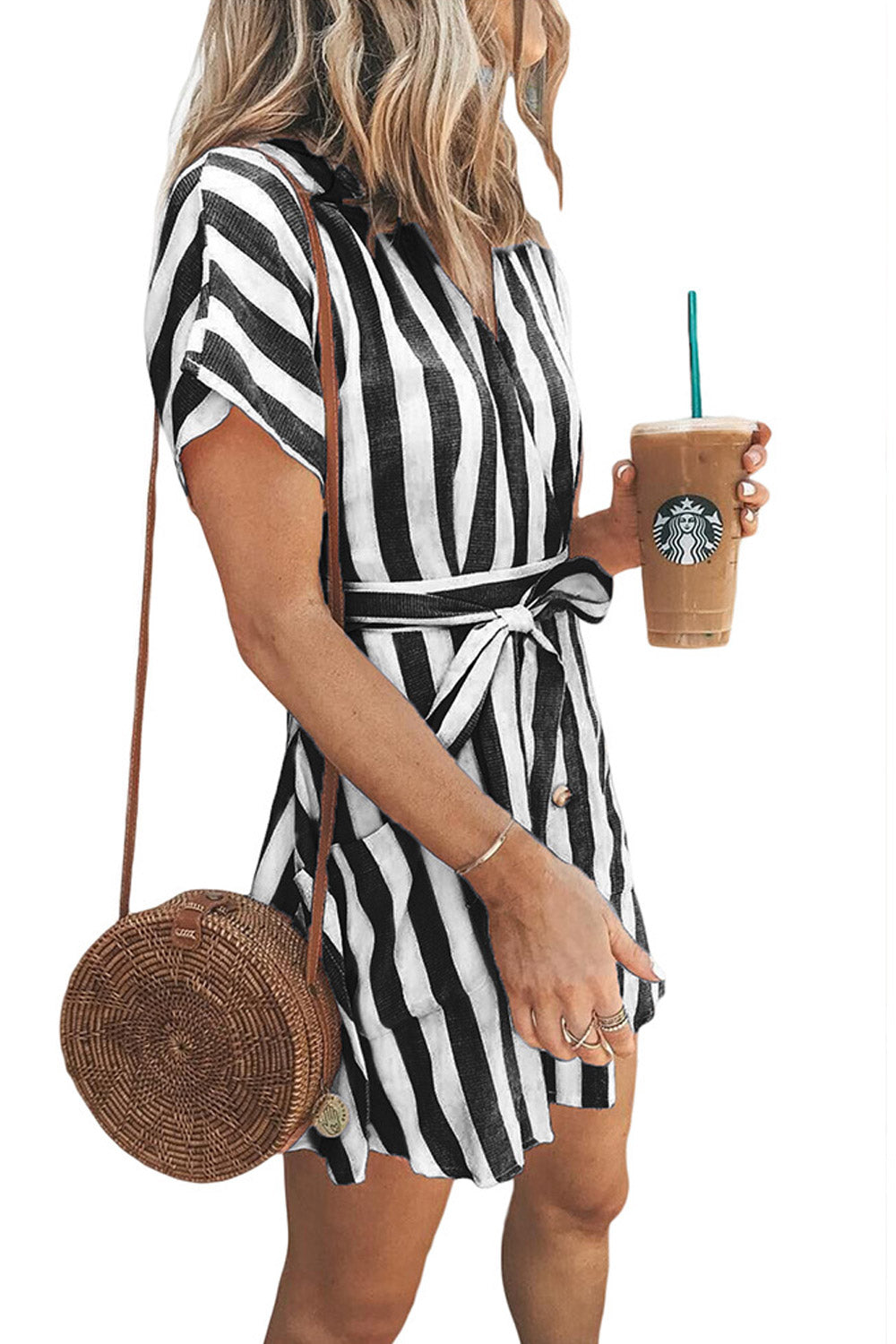 Women Striped Waist Tie Button Dress