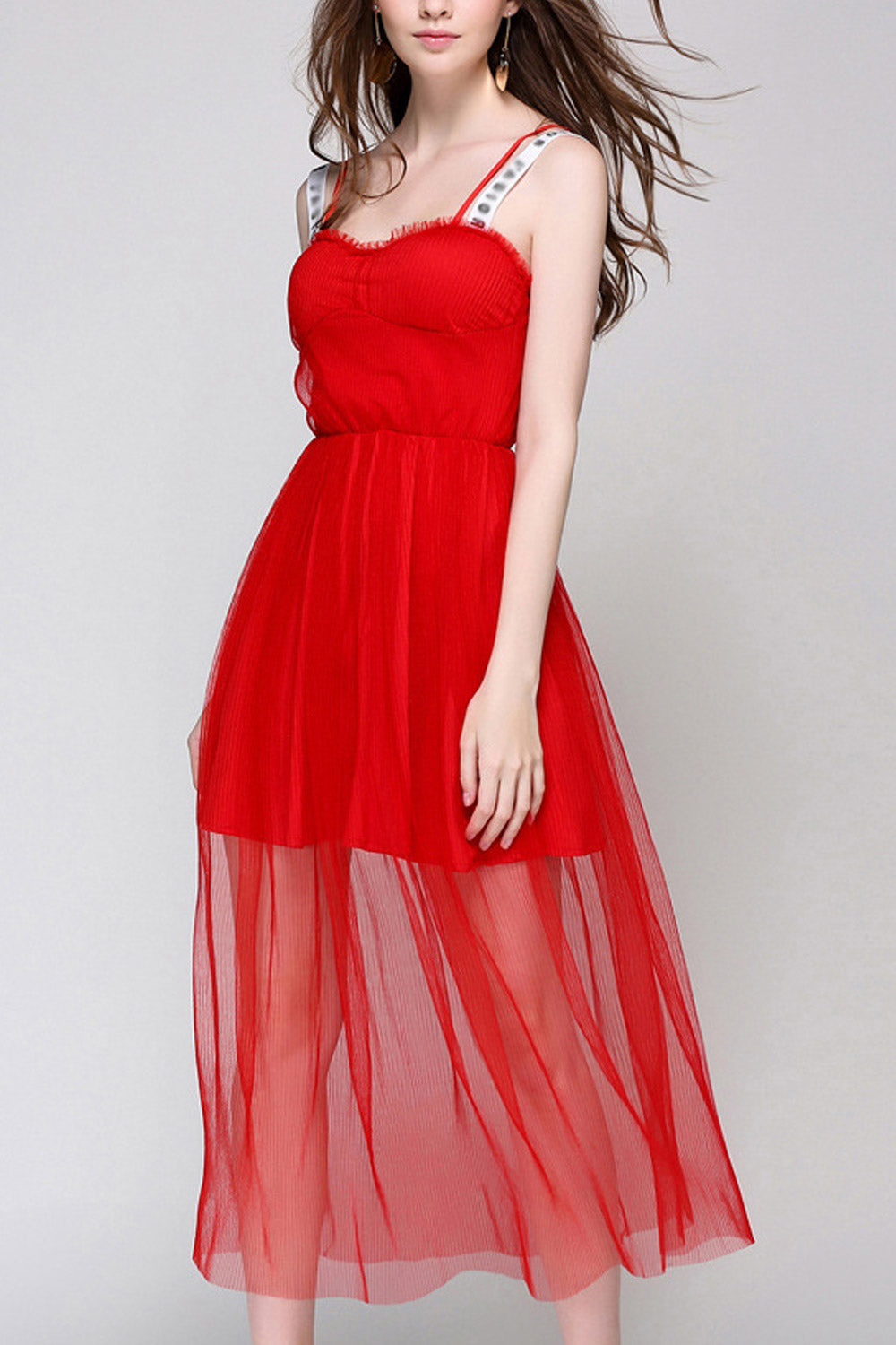 Women Thick Strap Pleated Long Fashion Dress