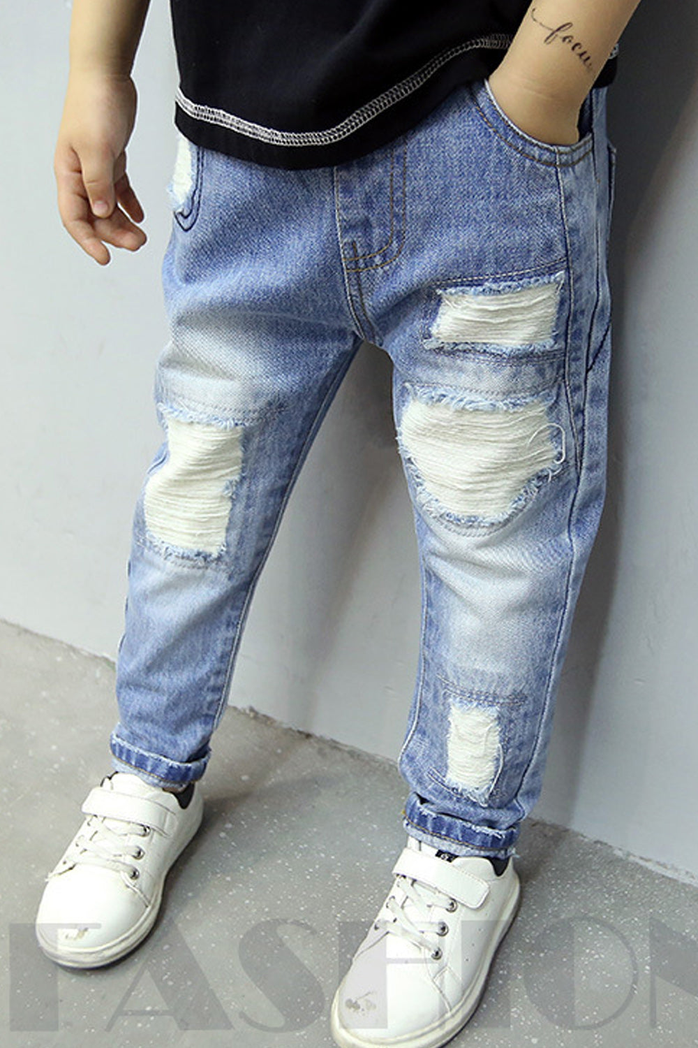 Kids Boys Relax Fit Shredded Cotton Jeans