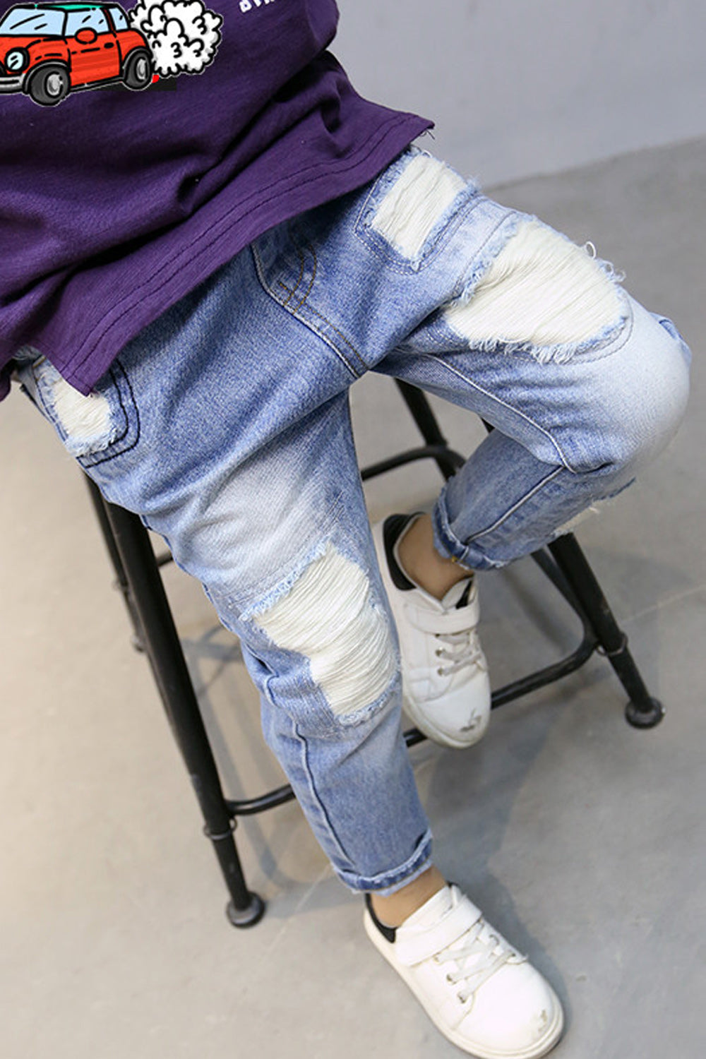 Kids Boys Relax Fit Shredded Cotton Jeans