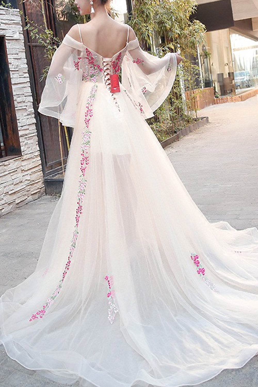 Women Cold Shoulder Thin Strap Wedding Dress
