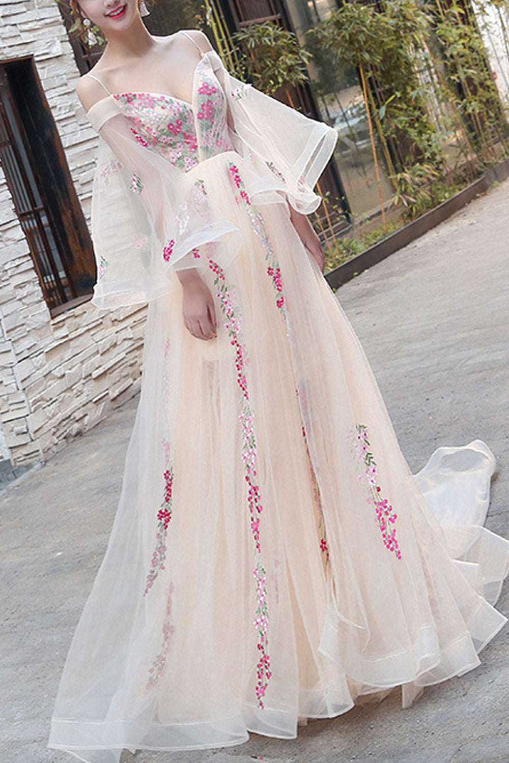 Women Cold Shoulder Thin Strap Wedding Dress
