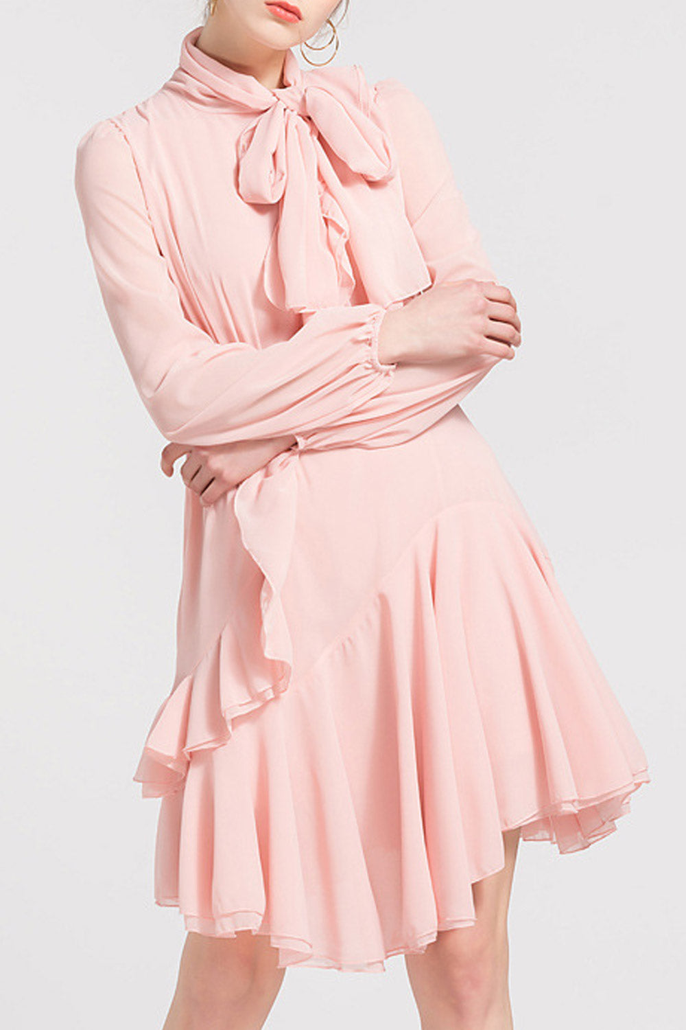 Women Tie Neck Ruffled Hem Chiffon Dress