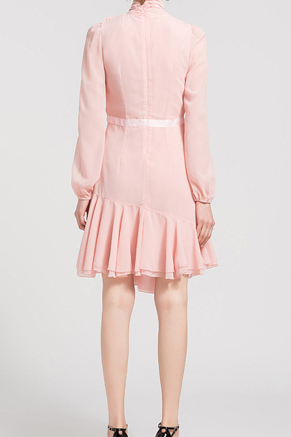 Women Tie Neck Ruffled Hem Chiffon Dress
