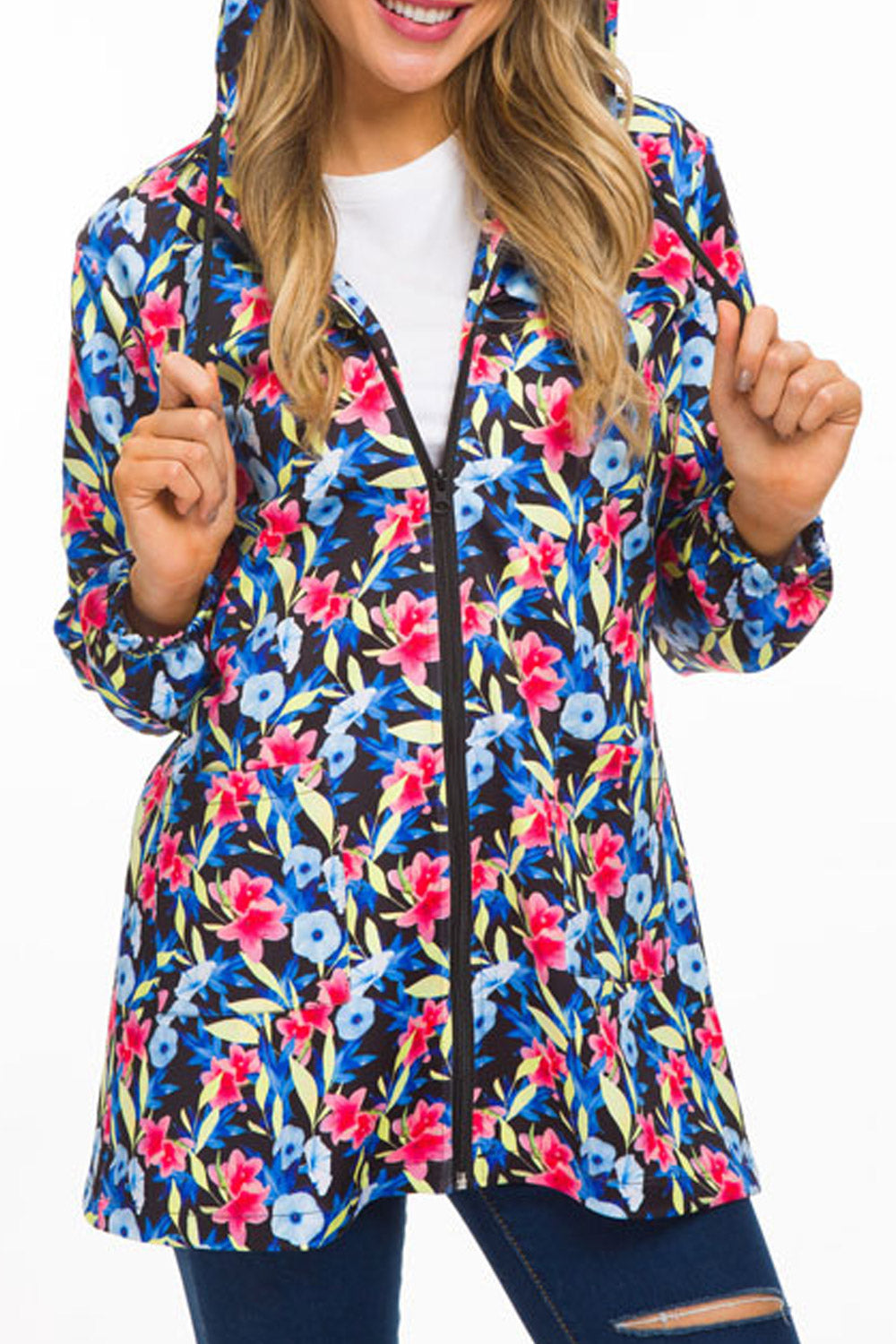 Women Long Zipper Floral Decoration Hoodie