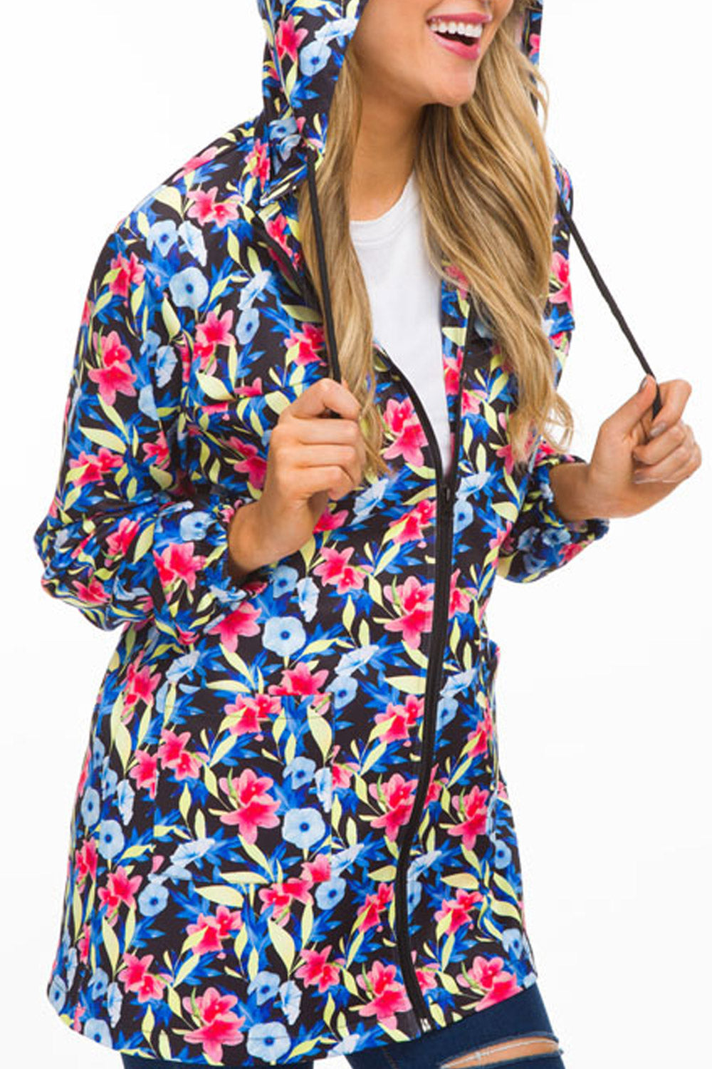 Women Long Zipper Floral Decoration Hoodie