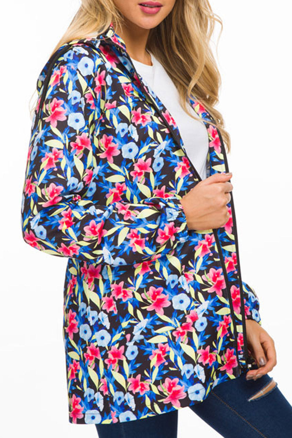 Women Long Zipper Floral Decoration Hoodie
