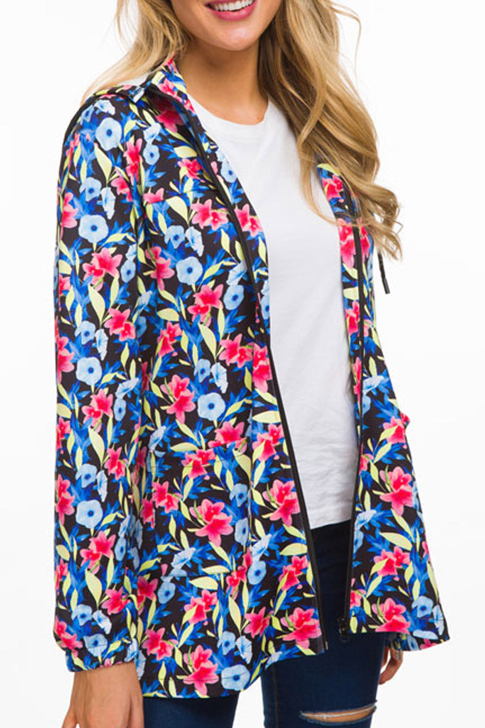 Women Long Zipper Floral Decoration Hoodie
