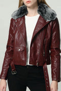 Women Beautiful Wide Faux Collar Leather Jacket