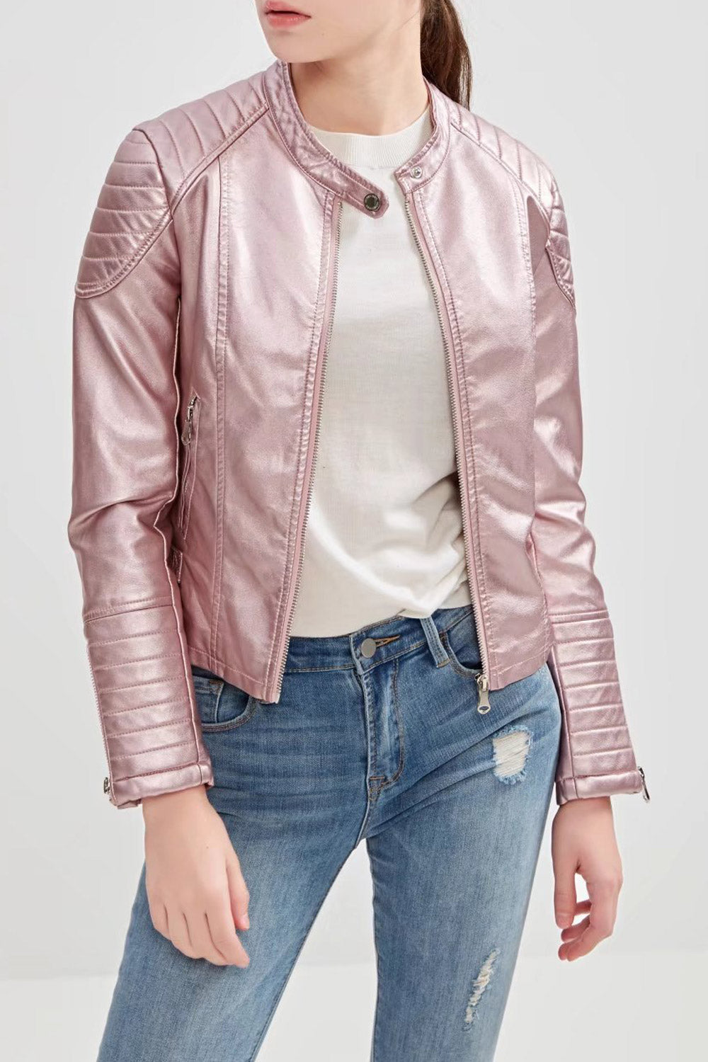 Women Charming Small Collar Long Sleeve Slim Leather Jacket