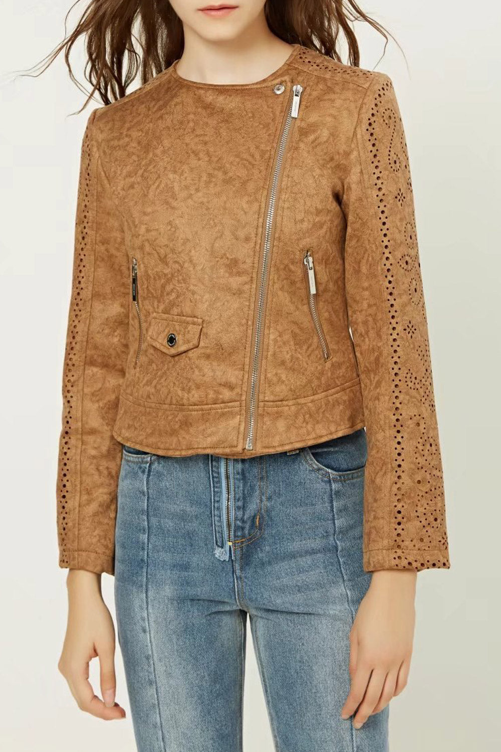 Women Stylish Long Sleeves Diagonal Zipper Slim Jacket
