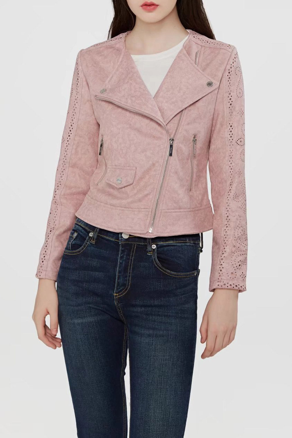 Women Stylish Long Sleeves Diagonal Zipper Slim Jacket
