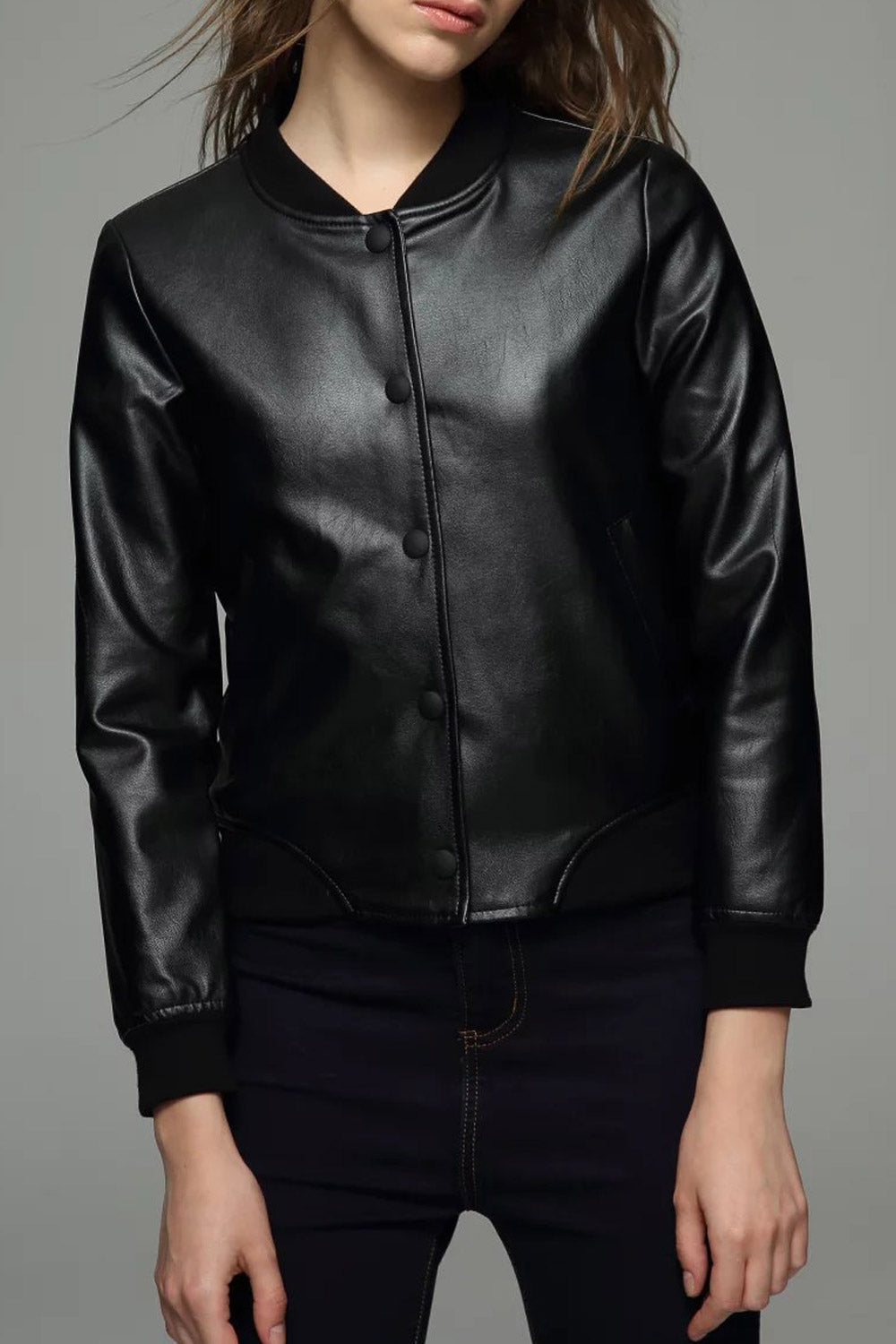 Women Lovely Small Collar Button Closure Leather Jacket