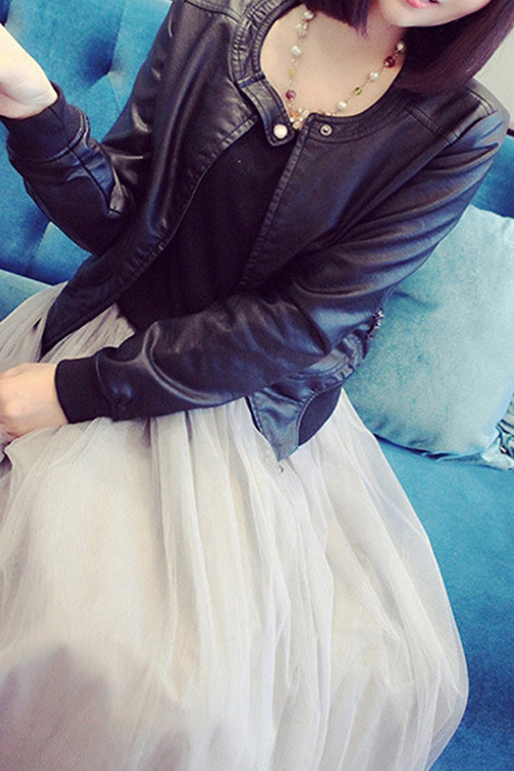 Women Beautiful Round Neck Slim Leather Jacket