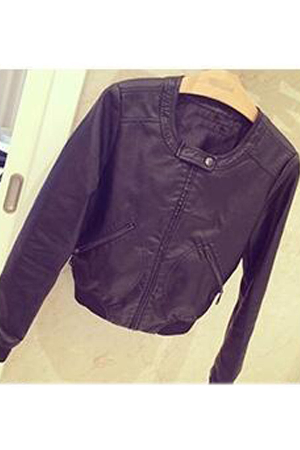 Women Beautiful Round Neck Slim Leather Jacket