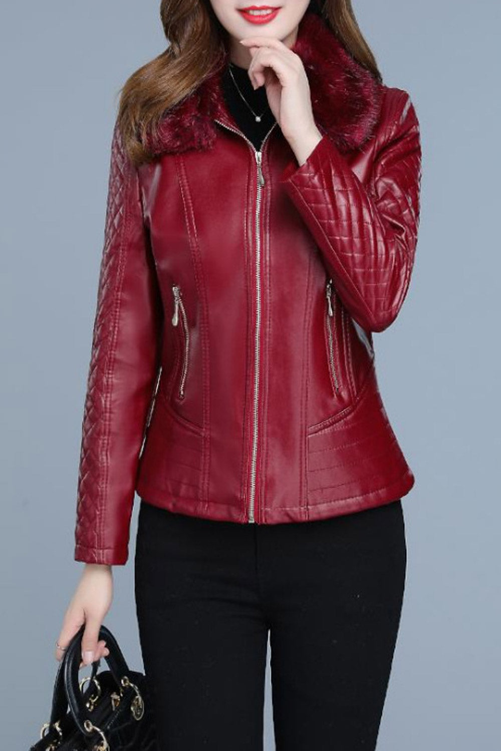 Women Dazzling Zipper Closure Pleate Sleeve Leather jacket