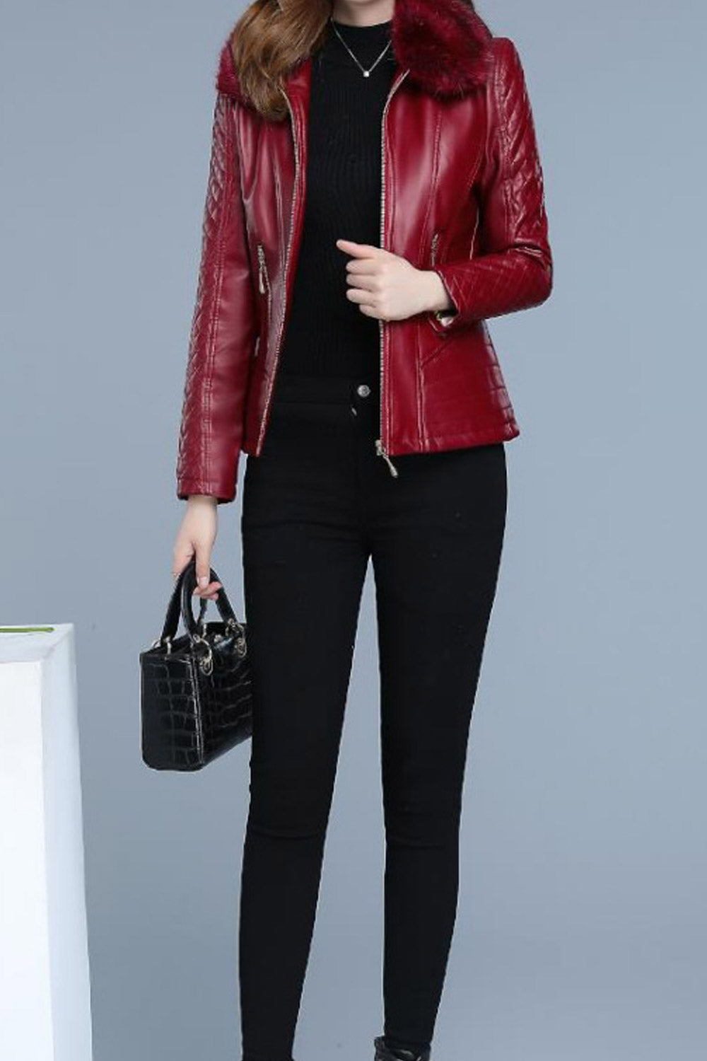Women Dazzling Zipper Closure Pleate Sleeve Leather jacket