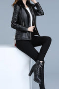 Women Dazzling Zipper Closure Pleate Sleeve Leather jacket
