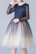 Kid Girl Charming Long Sleeve Starry Blue Evening Dress
