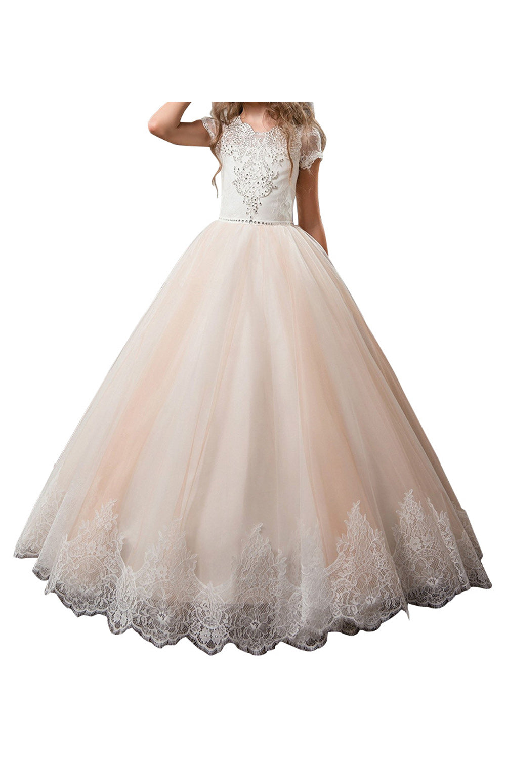 Kid Girl Stylish Crochet Lace Short Sleeve Wedding Dress