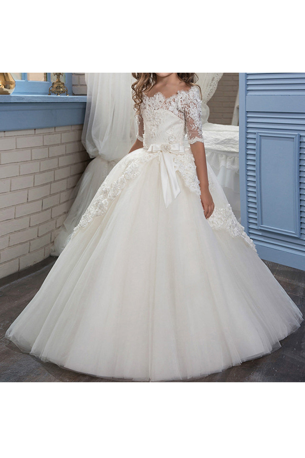 Kid Girl Splendid Off Shoulder Crochet Lace Wedding Dress