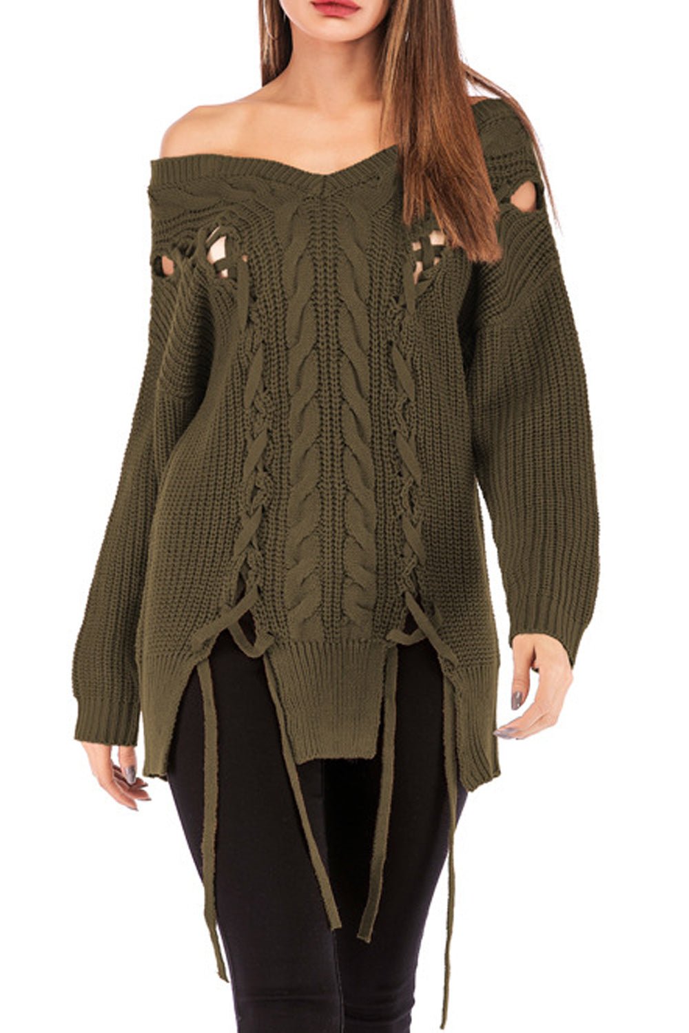 Women Loose V Neck Solid Color Sweater