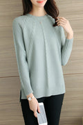 Women Round Neck Pullover Split Hem Sweater