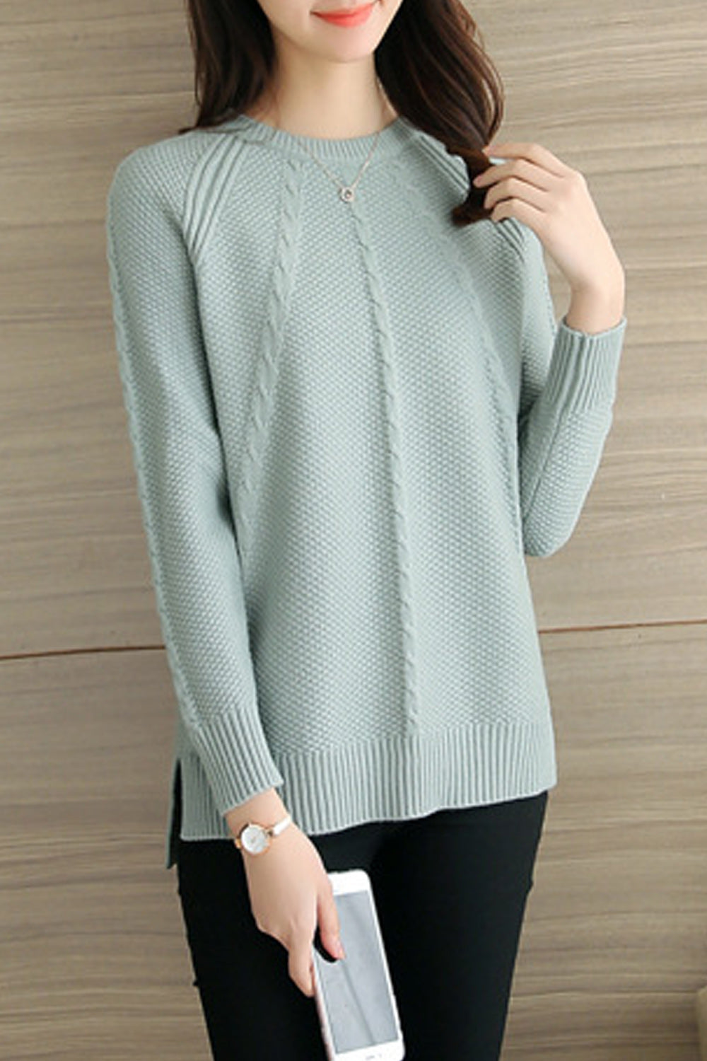 Women Round Neck Pullover Split Hem Sweater