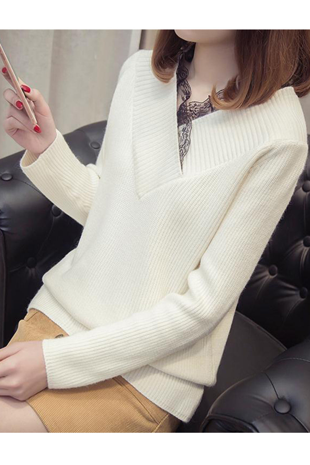 Women Cool Solid Color Lace V Neck Sweater