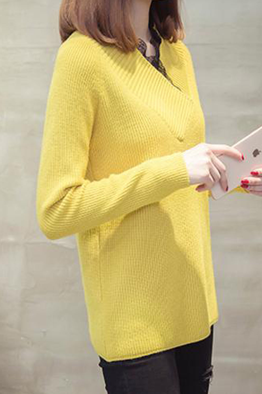 Women Cool Solid Color Lace V Neck Sweater