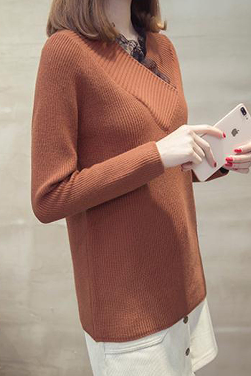 Women Cool Solid Color Lace V Neck Sweater