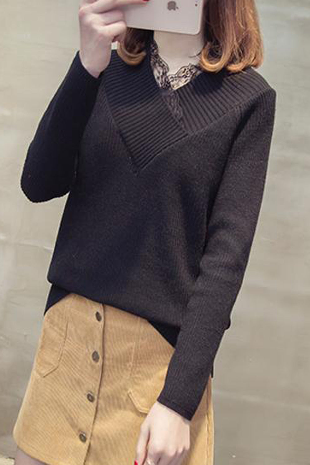 Women Cool Solid Color Lace V Neck Sweater