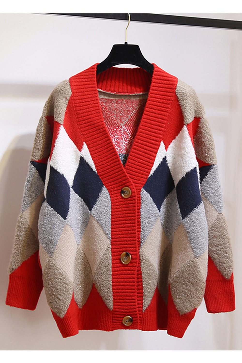 Women Fashion Diamont Lattice Pattern Cardigan