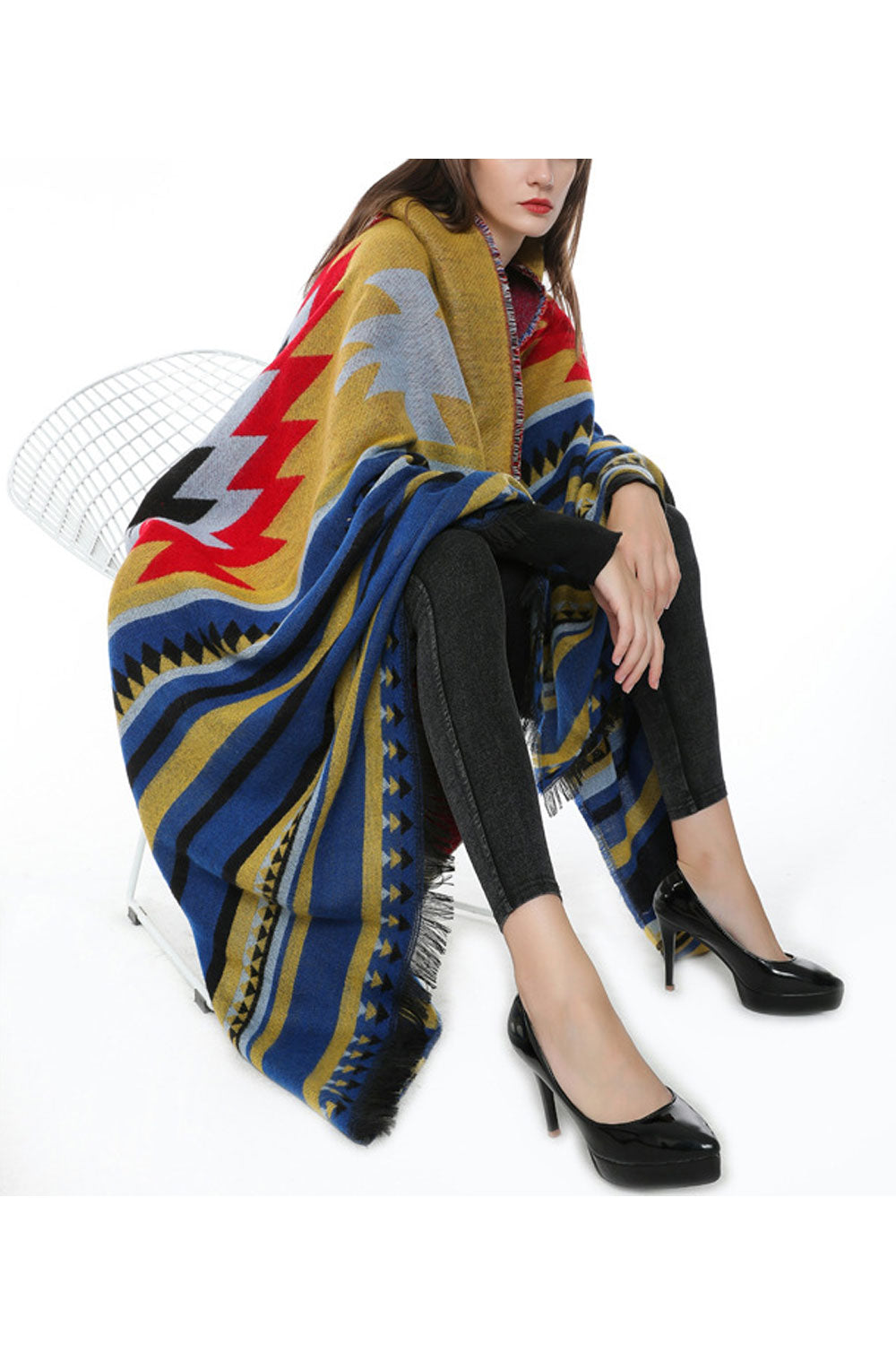 Women Windproof Stripe Warm & Thick Shawl