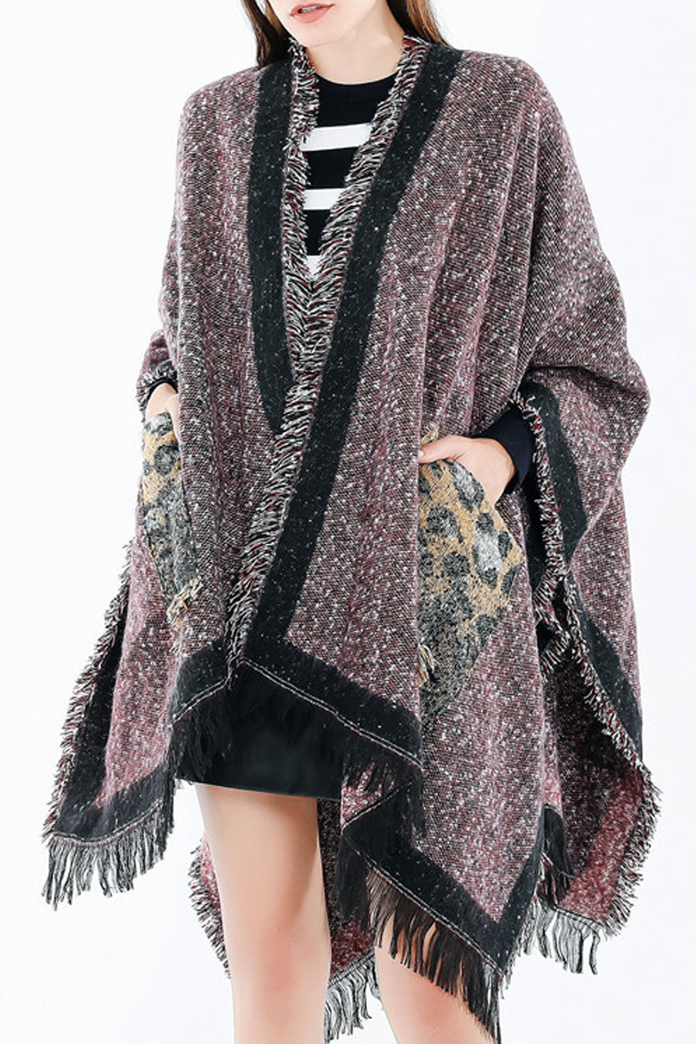 Women Windprooof & Breathable Leopard Pocket Warm Shawl