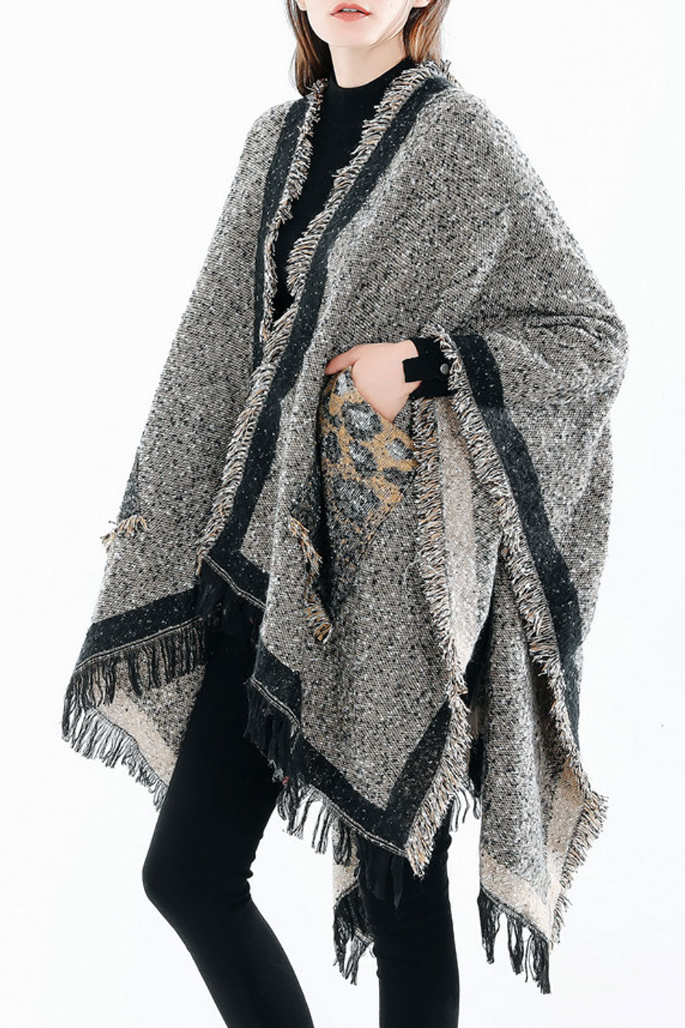 Women Windprooof & Breathable Leopard Pocket Warm Shawl