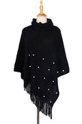 Women Winter Tassel Pearl Decorated Solid Color Shawl