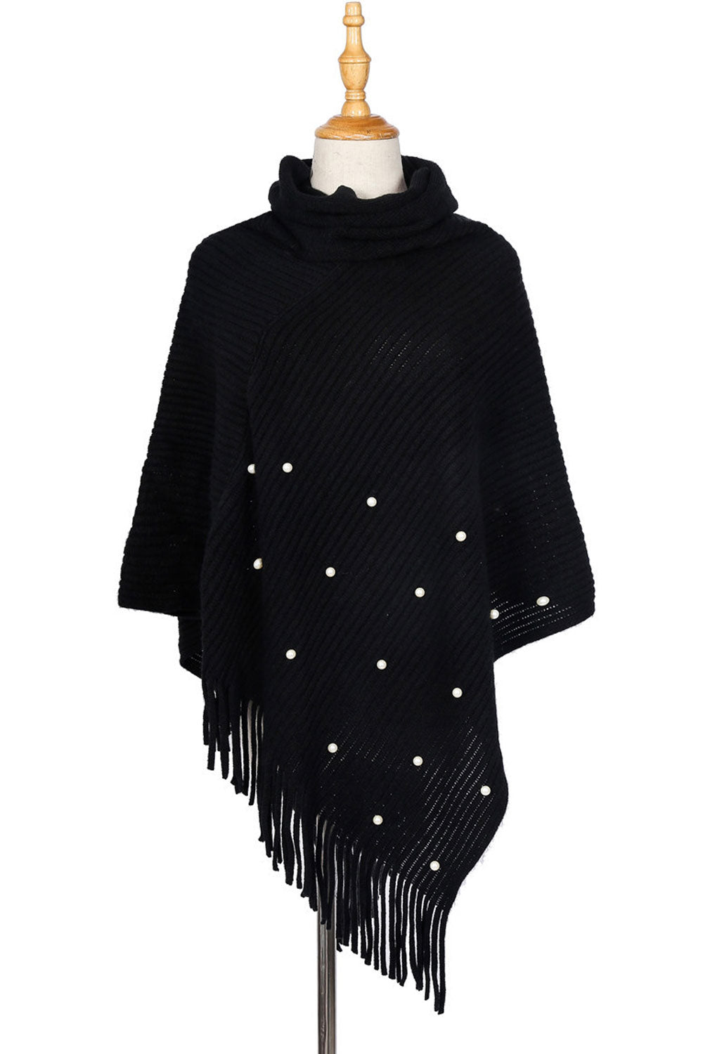 Women Winter Tassel Pearl Decorated Solid Color Shawl