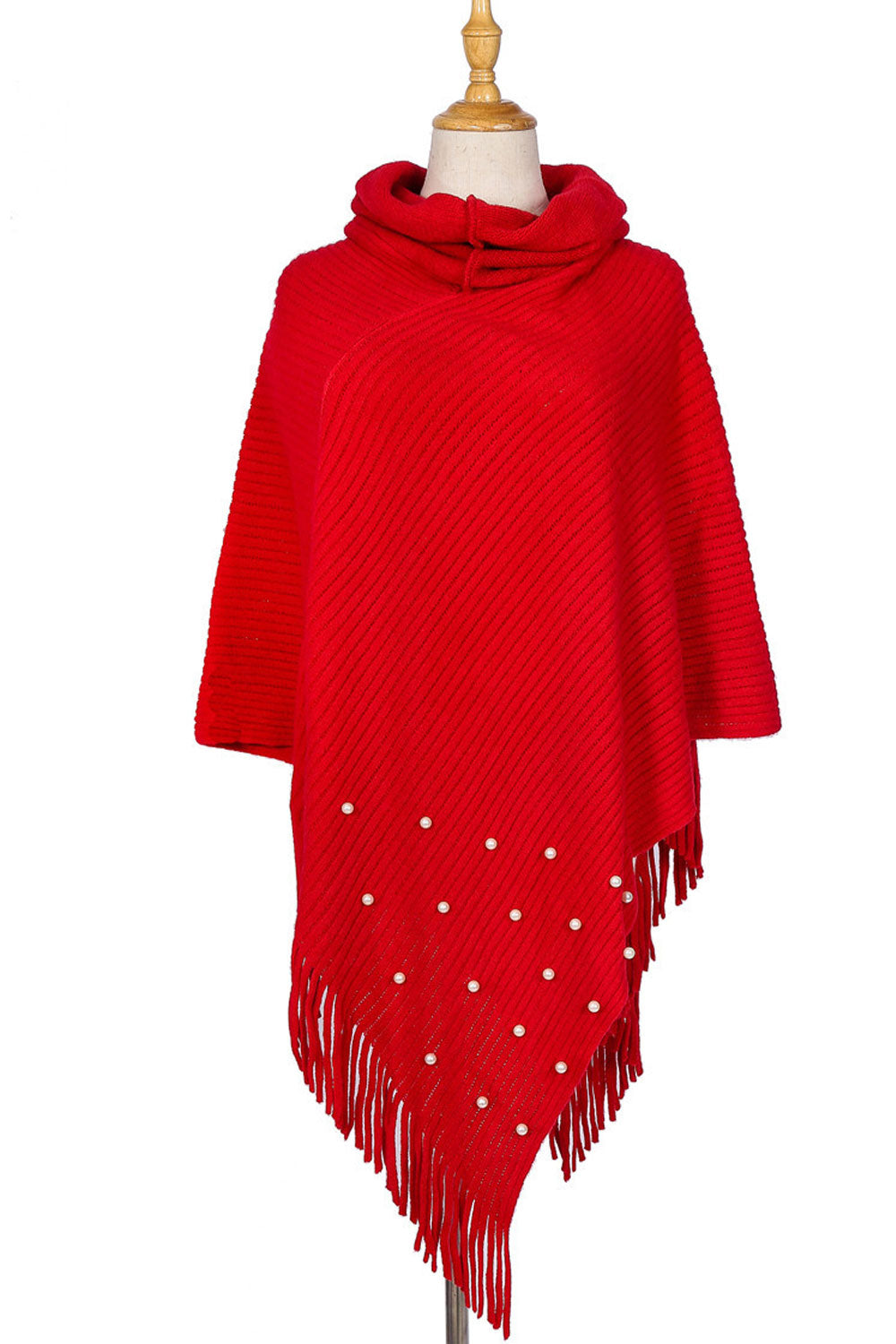Women Winter Tassel Pearl Decorated Solid Color Shawl
