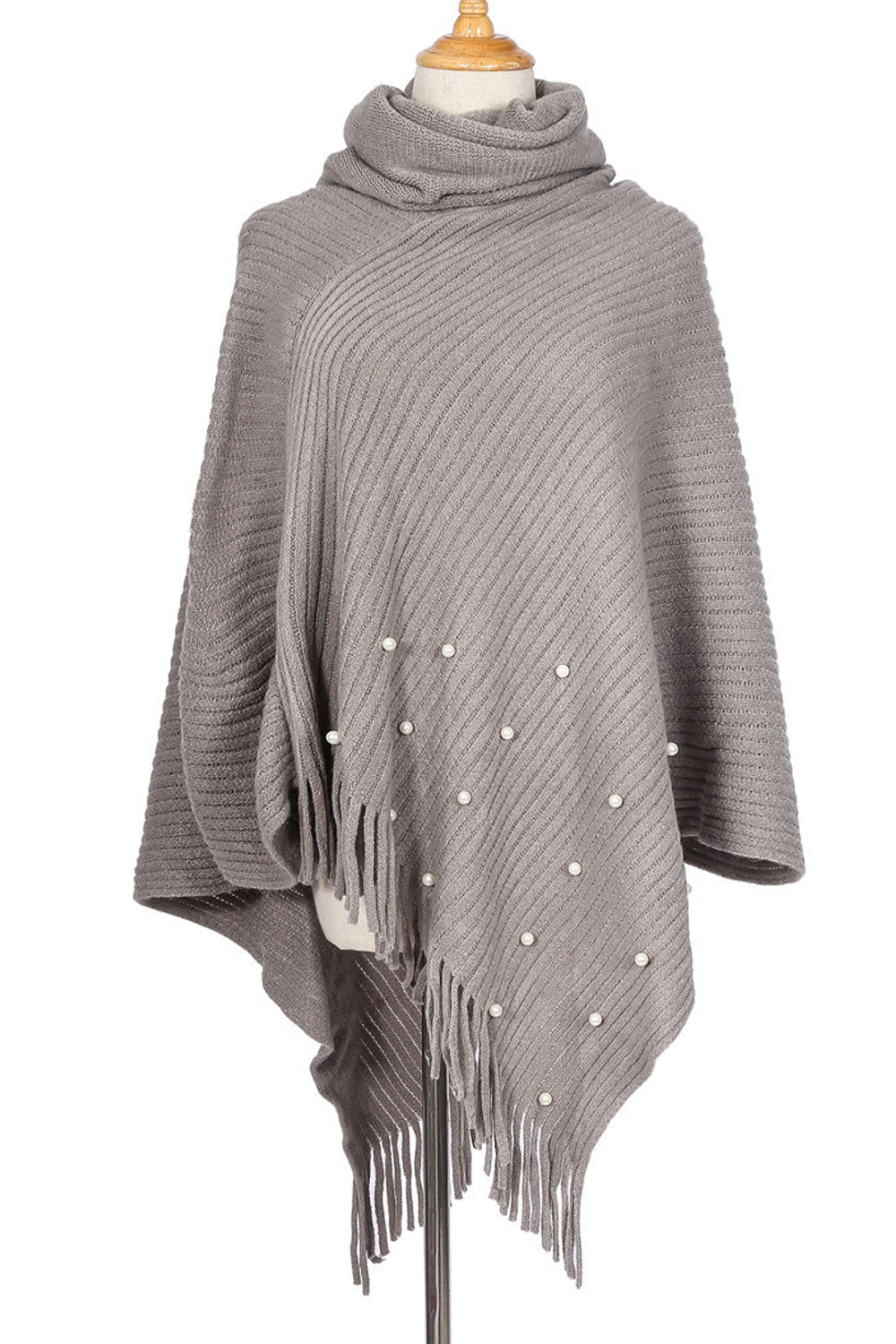 Women Winter Tassel Pearl Decorated Solid Color Shawl