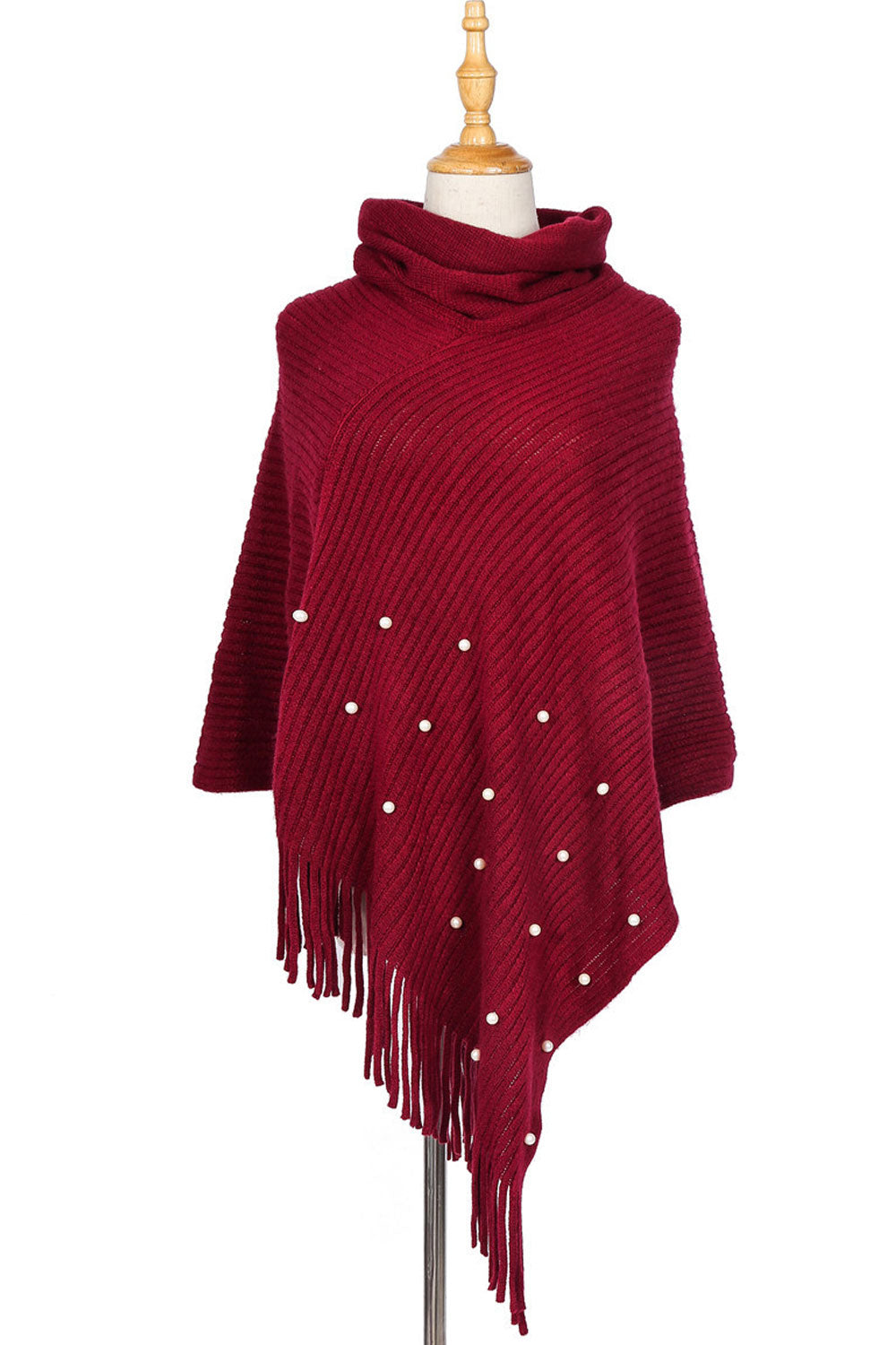 Women Winter Tassel Pearl Decorated Solid Color Shawl