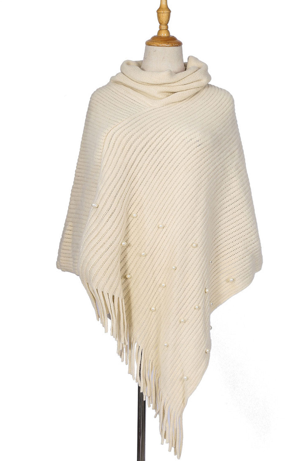 Women Winter Tassel Pearl Decorated Solid Color Shawl