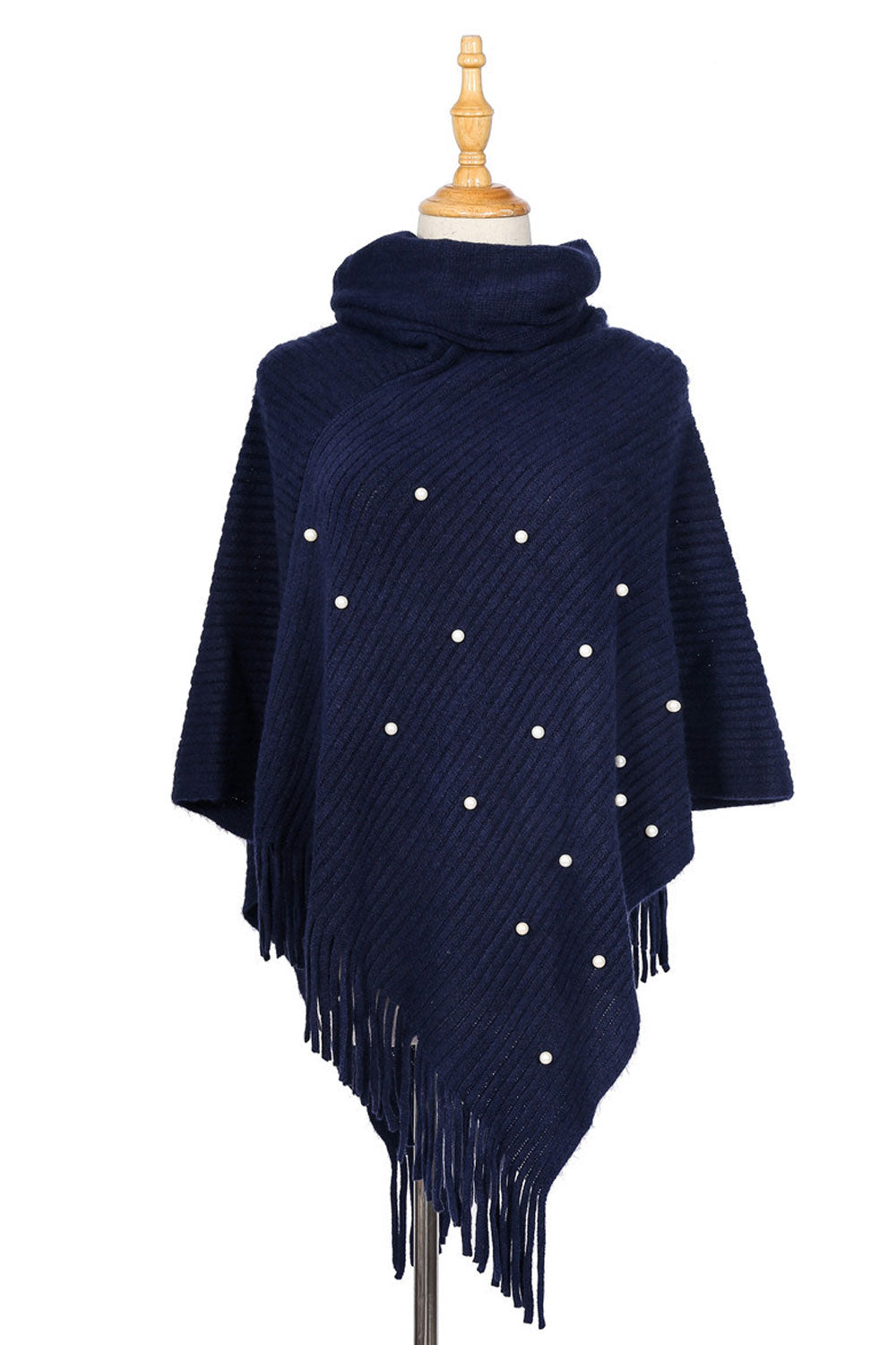 Women Winter Tassel Pearl Decorated Solid Color Shawl
