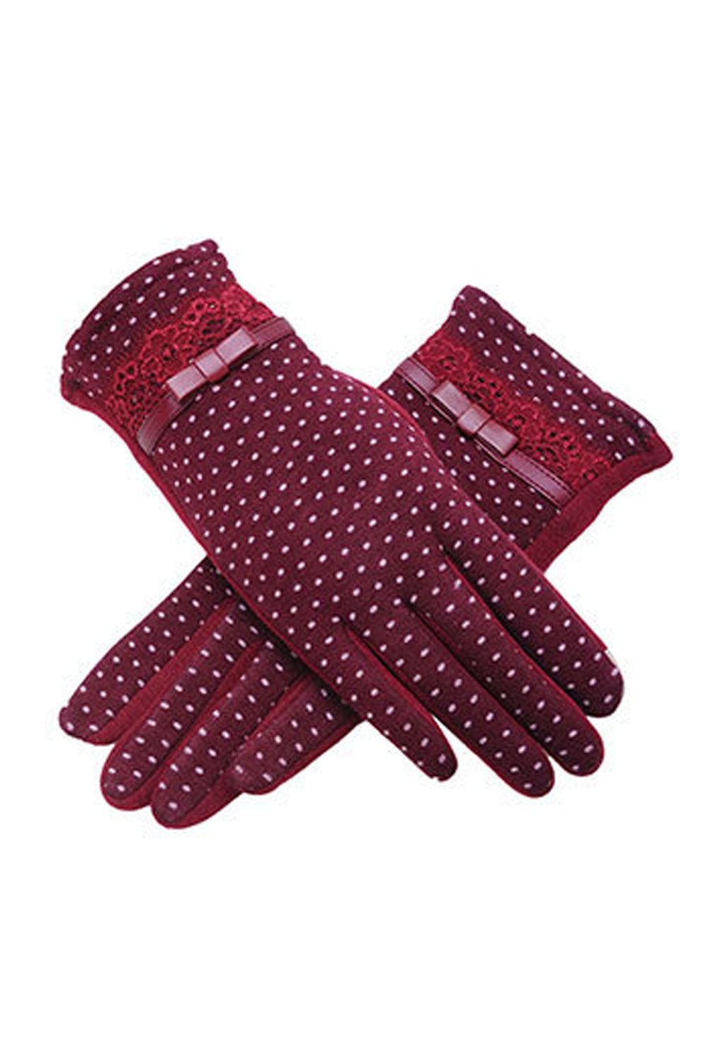 Women Fashion Silk Ribbon Lace Decorated Warm Cotton Gloves