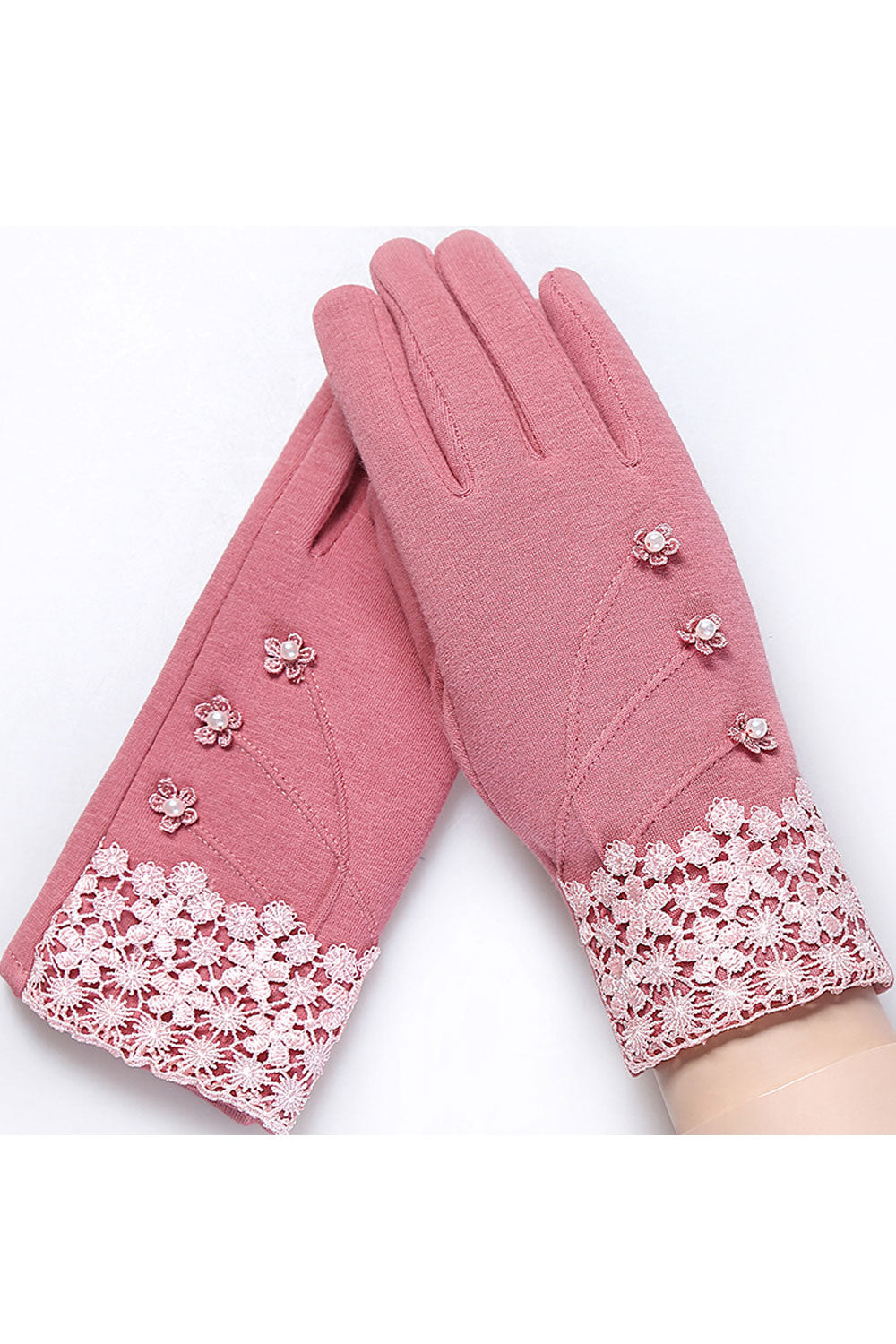 Women Fashion Silk Ribbon Lace Decorated Warm Cotton Gloves