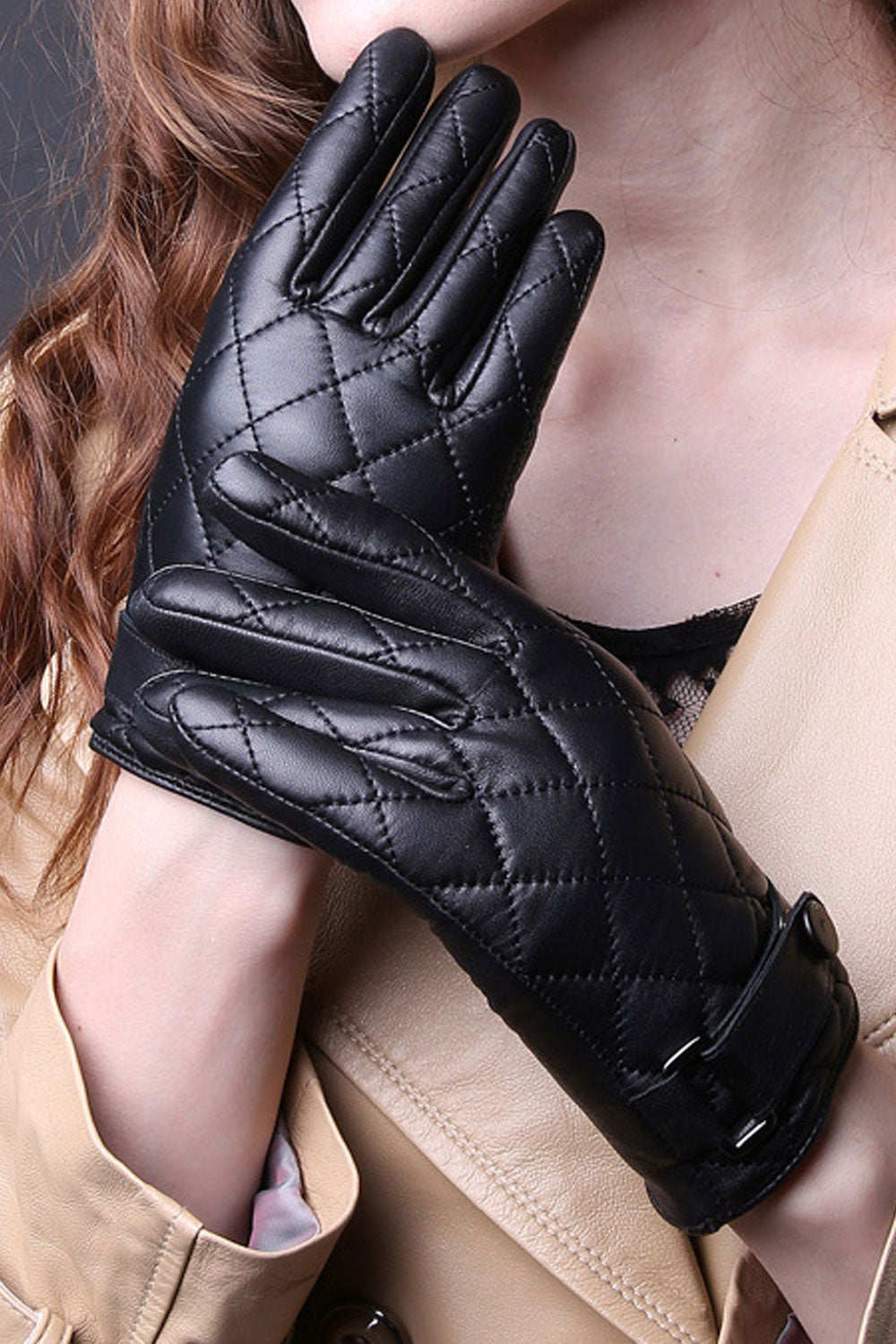 Women Fashion Lattice Pattern Buckle Strap Leather Gloves