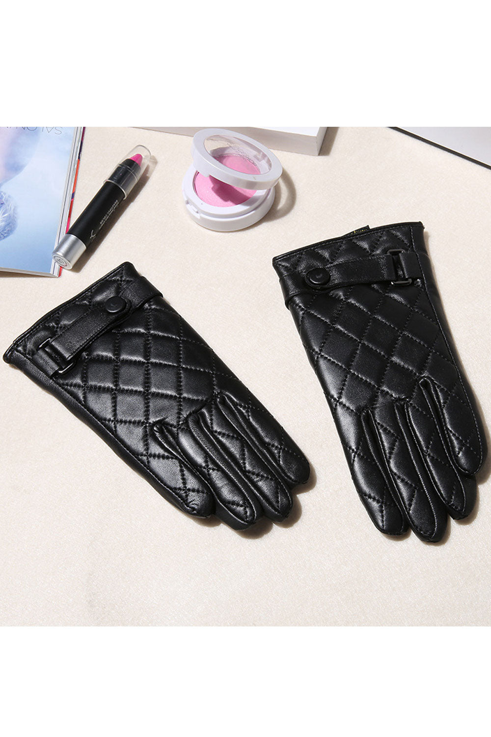 Women Fashion Lattice Pattern Buckle Strap Leather Gloves
