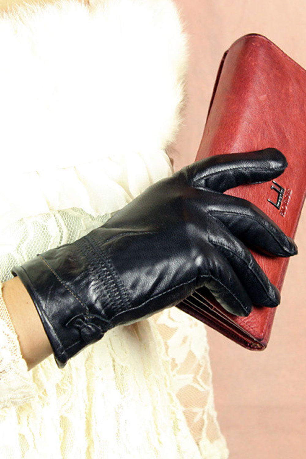 Women Beautiful Thick Warm Solid Colored Casual Leather Gloves