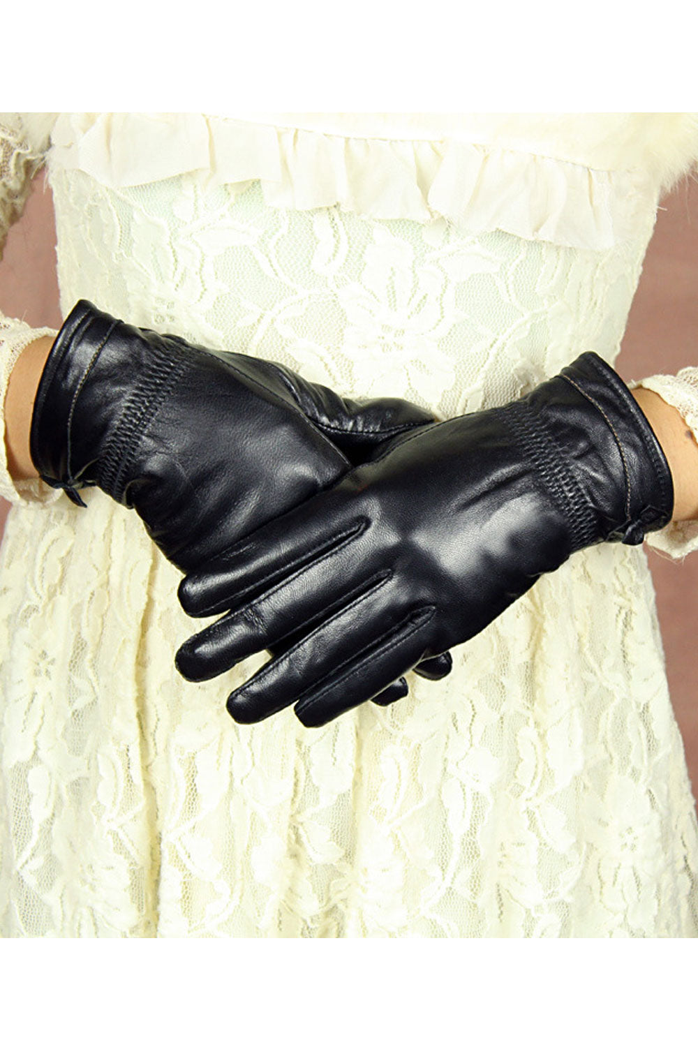 Women Beautiful Thick Warm Solid Colored Casual Leather Gloves
