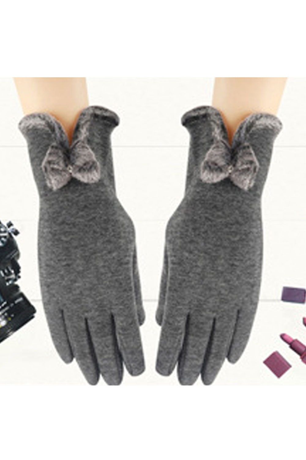 Women Autumn Winter Bow Tie Solid Color Gloves